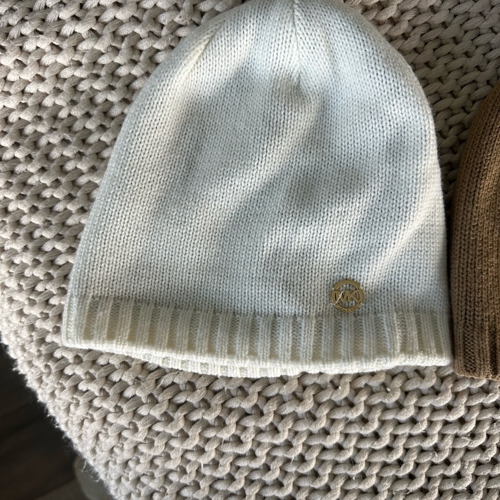 White Knit Beanie with Gold Logo